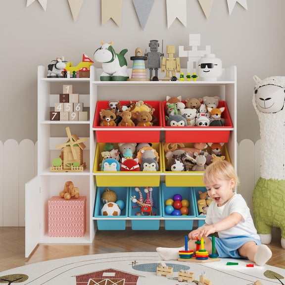 Juiluna 43.5" Kids Toy Storage Organizer with 8 Removable Toy Bins & 3 Storage Cubbies, Toy Organizers and Storage, Kids Bookshelf and Toy Storage, Playroom Organization for Bedroom Kindergarten
