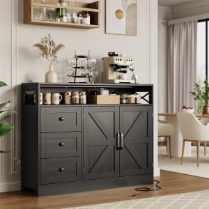 Juiluna 47" Farmhouse Sideboard Buffet Cabinet with Storage, Antique Black Storage Cabinet with 2 Barn Doors and 3 Drawers, Coffee Bar Station Table with Built-in Power Outlet for Kitchen, Livingroom