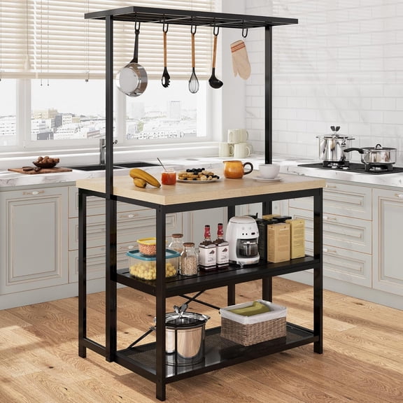 Juiluna 47 in Kitchen Island with Power Outlet 3 Tier Storage Baker Rack Microwave Stand Oven Shelf 5 Hooks Natural Oak Finish for Dining Living Room
