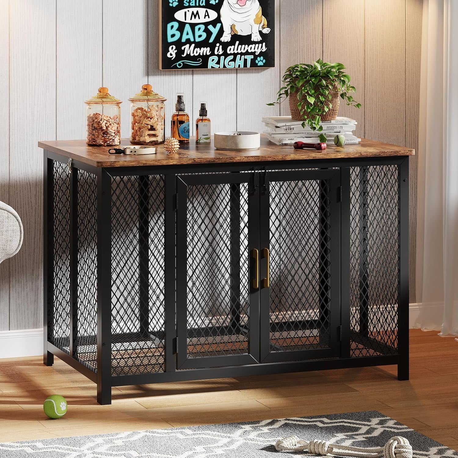 Juiluna 48 Inch Large Dog Crate Furniture with Top Access Door, Heavy Duty Dog Crate Wooden Indoor Decorate Pet Cage, Indestructible Pet Dog Cage for Medium to Large Dogs