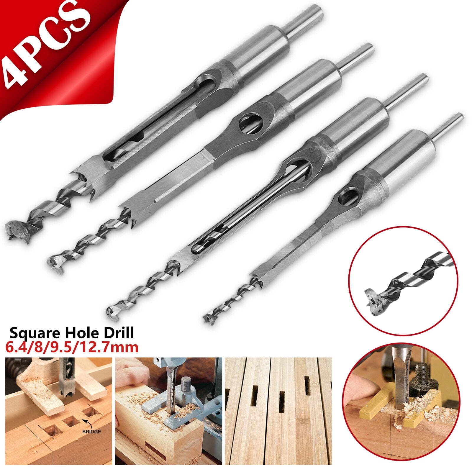 Juiluna 4PCs Woodworking Square Drill Bits Set High Speed Steel