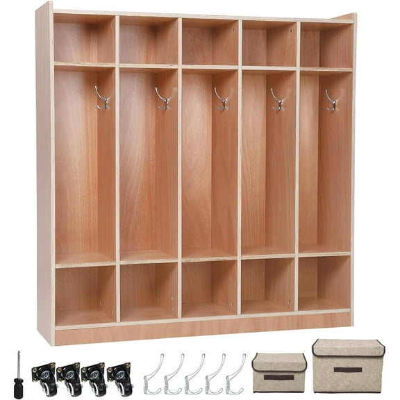 Juiluna 5-Section Classroom Coat Locker, 10 Cubbies for Classrooms, Daycare Cubby with 4 casters, 5 Hooks and 2 Storage Boxes, for Home, School, Kindergarten