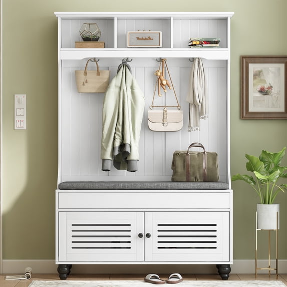 Juiluna 5-in-1 Hall Tree With Shoe Bench, Shutter-shaped Doors Cabinet, Coat Rack, Open Storage Shelves And 4 Sturdy Hooks For Hallway, Entryway, Living Room 47.2inch