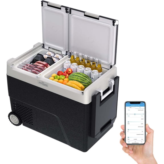 Juiluna 51 QT(48L) Portable Car Electric Cooler, 12V Refrigerator Fridge Freezer for Car, Dual Zone, -4~68, App Control, Wheels, AC/DC Charger for Camping, Picnic, Travel, Road Trip, Black