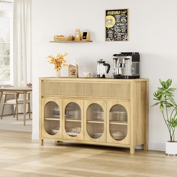 Juiluna 55" Large Sideboard Buffet Cabinet with Storage and 2 Fluted Drawer Front, Buffet Table Coffee Bar Storage Cabinet with 4 Glass Doors for Dining Room, Living Room, Kitchen (Natural)
