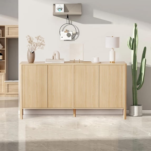 Juiluna 58inch Sideboard Buffets Cabinet, Large Wood Fluted Coffee Bar Cabinet Console Table with 4 Fluted Doors and Storage Adjustable Shelf for Living Room Kitchen Entryway, Natural Oak