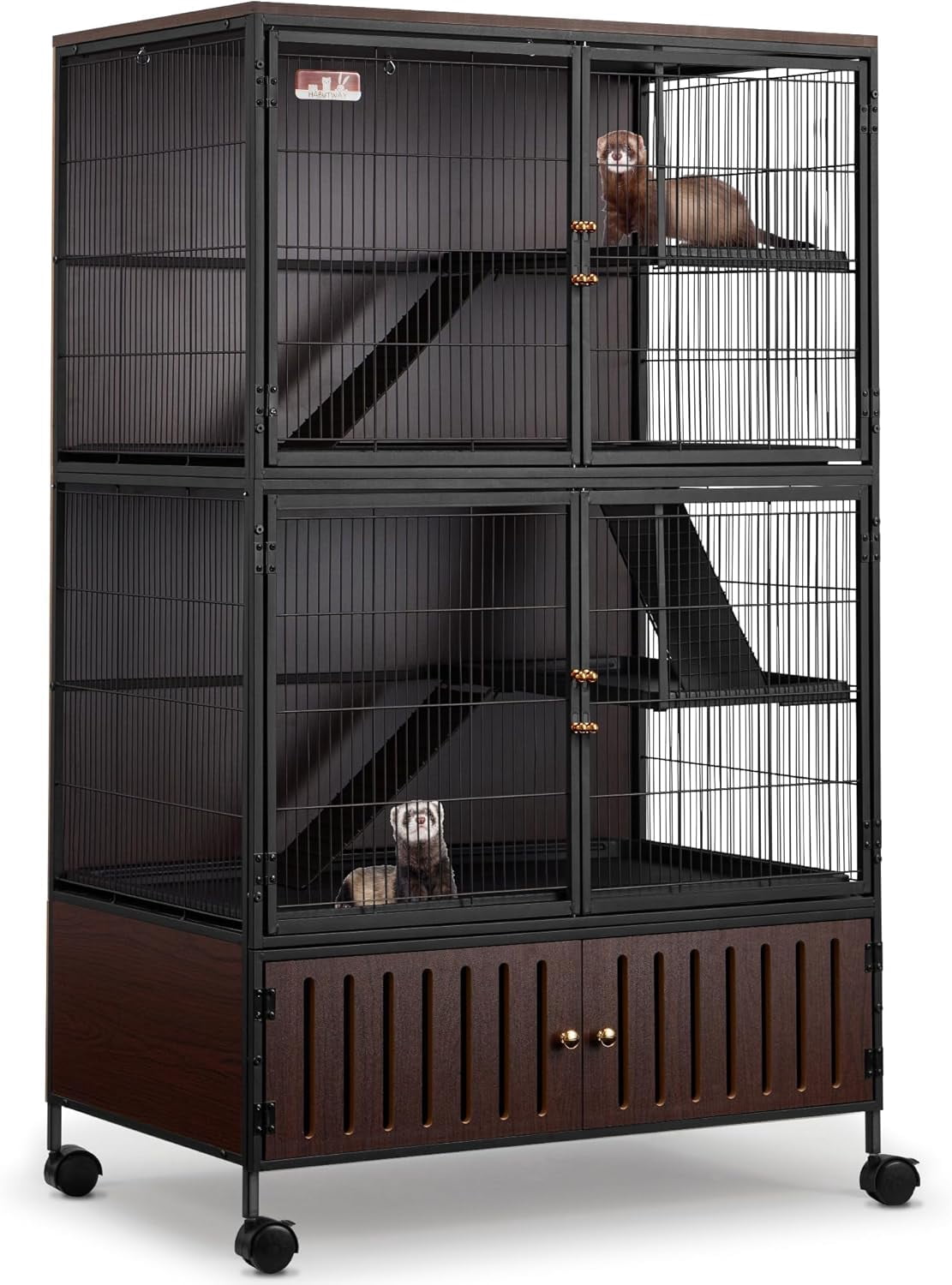 Juiluna 60" Large Metal Ferret Cage, 3-Level Chinchilla Cagewith Wheels, Multi-Level Small Animal Habitat for Chinchilla/Guinea Pig/Rats, Lockable Doors, Ramps, Hammock & Storage Cabinet (Black)
