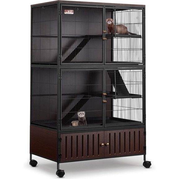 Juiluna 60" Large Metal Ferret Cage, 3-Level Chinchilla Cagewith Wheels, Multi-Level Small Animal Habitat for Chinchilla/Guinea Pig/Rats, Lockable Doors, Ramps, Hammock & Storage Cabinet (Black)