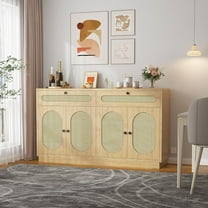 Juiluna 60'' Rattan Sideboard, Sideboard Cabinet with 2 Drawers and 4 Rattan Doors, Buffet Cabinet with Adjustable Shelves for Dining Room, Living Room and EntryWay, Light Oak