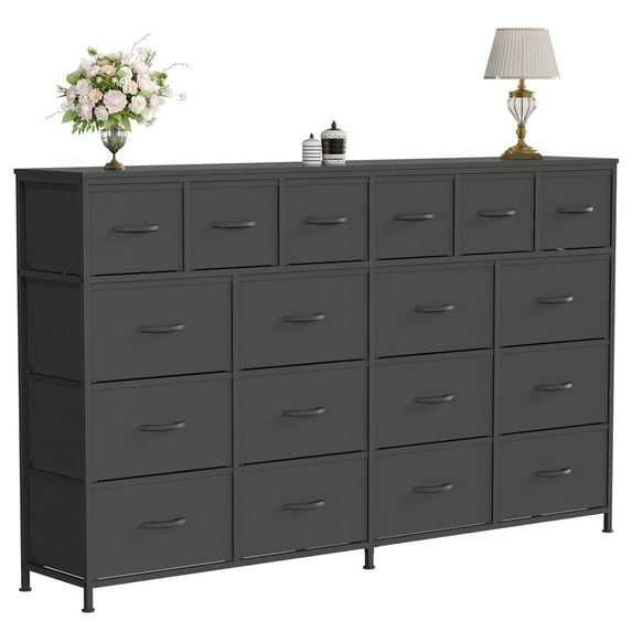 Juiluna 63''W Dresser with 18 Fabric Drawers Dresser for Bedroom with Charging Station, Lager Sturdy Bedroom Dressers, Steel Frame, Wood Top, 63" W*39" H*11.8" D (Black)