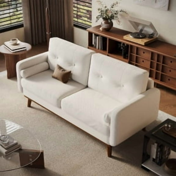 Juiluna 65" Mid Century Modern Loveseat Sofa for Small Spaces, 2 Seater Linen Upholstered Couch with Button Tufted Design & Wood Legs, Small Couch for Living Room, Bedroom, Office, Apartment