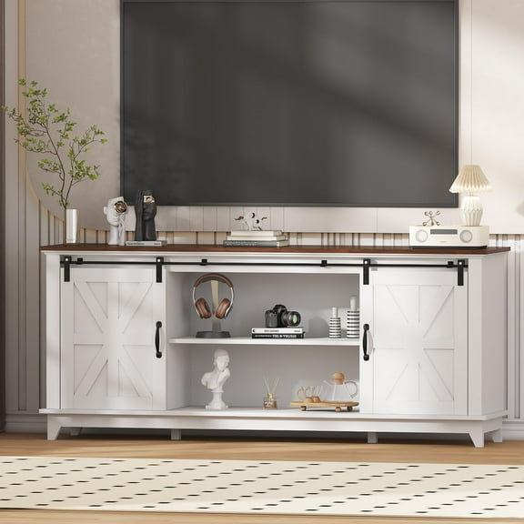 Juiluna 66" Farmhouse TV Stand for 75" Television, Rustic Wood Entertainment Center with Storage and Sliding Barn Doors, Adjustable Shelf Media TV Console Table for Living Room, White