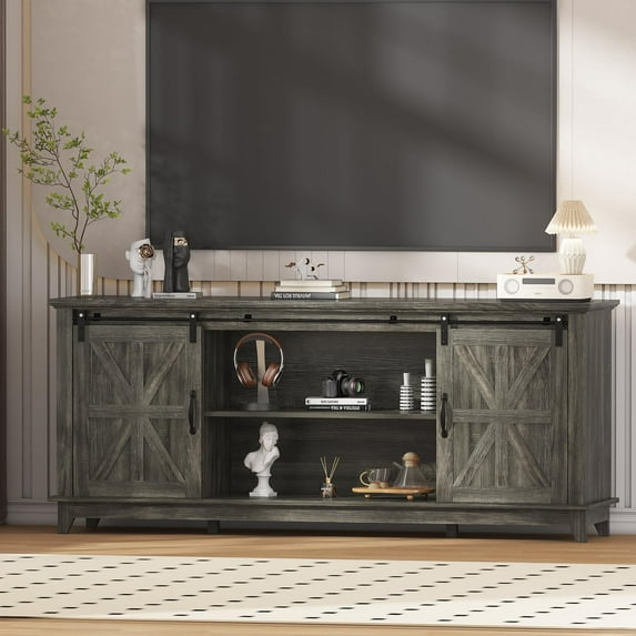 Juiluna 66" Farmhouse TV Stand for 75" Television, Rustic Wood Entertainment Center with Storage and Sliding Barn Doors, Adjustable Shelf Media TV Console Table for Living Room, Oak