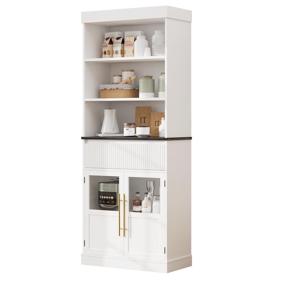 Juiluna 70" Kitchen Pantry Cabinet, Tall Storage Cabinets with Drawer & 2 Glass Doors and 3 Shelves, Floor Cabinet for Kitchen, Office, Living Room, Dining Room, Bathroom, White