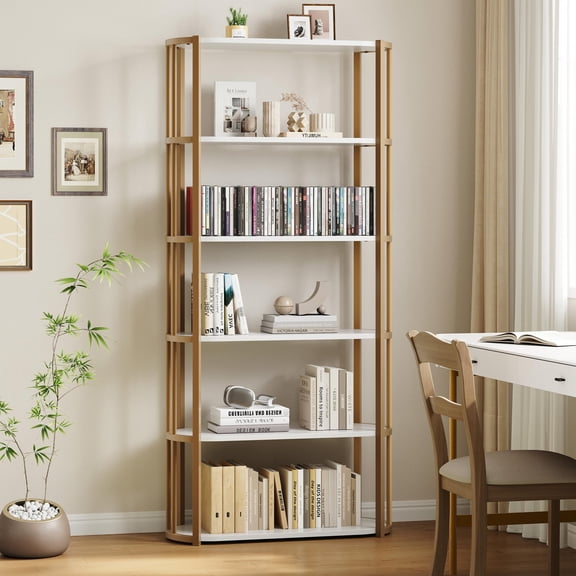 Juiluna 71 Inch Industrial Wooden Bookshelf - 6 Tier Tall Bookcase, Metal Frame Large Storage Shelf for Bedroom Home Office Kitchen Living Room