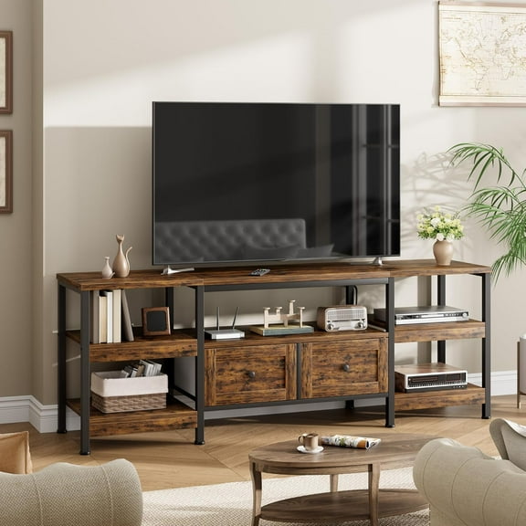 Juiluna 71" Industrial TV Stand with 2 Drawers, Entertainment Center for TVs Up to 75", Rustic Media Console with Storage Shelves, Open Design & Metal Frame, Brown