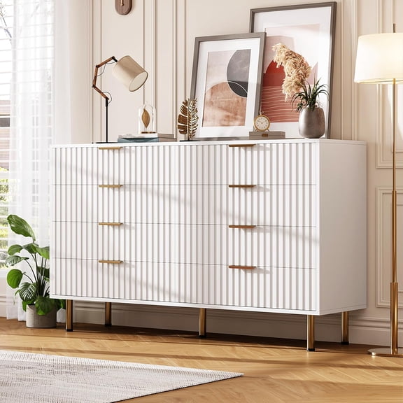 Juiluna 8 Drawer Dresser for Bedroom, Fluted 55 in Wide Modern Chest of Drawers with Deep Drawers, Wooden Dresser Organizer for Living Room, Hallway, Kids Room, White