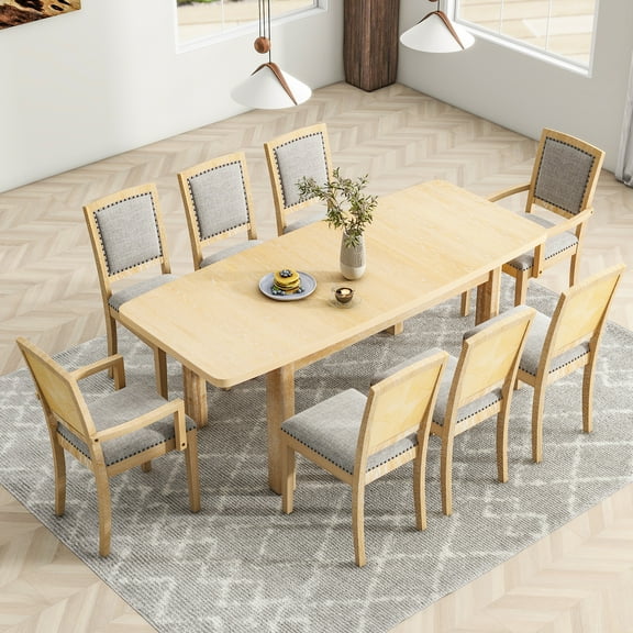 Juiluna 9-Piece Dining Set With 6 Armless Chairs, 2 Arm Chairs, Wooden Table Diamond Pattern Backrest And Rivets Rustic Chairs Set For Dining Room, Kitchen