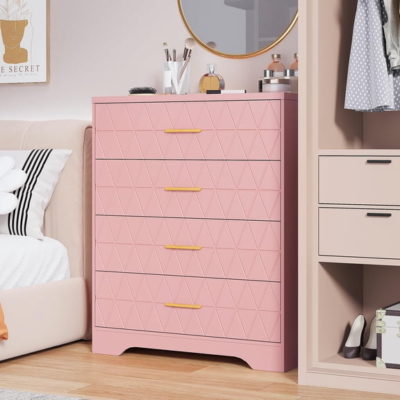 Juiluna Bedroom Dressers with 4 Drawers, Wood Chest of Drawers with Gold Handles for Closet, Modern Tall Dressers, Nightstand, Wooden Storage Organizer Cabinet for Living Room, Hallway