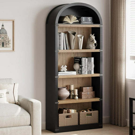 Juiluna Bookcase 5 Shelf Arched Bookshelf 71.65in Tall Bookcase Farmhouse Display Storage Rack Wooden Bookshelves for Home Office, Living Room (Black/Natural)