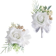 CRASPIRE Pearl & White Rose Wrist Corsage & Boutonniere Set - 2 Pcs, For Weddings, Prom, Parties