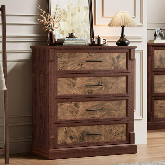 Juiluna Brown 4 Drawer Dresser for Bedroom, Farmhouse Tall Chest of Drawers with Metal Handles, Rustic Wooden Dresser for Living Room, Hallway