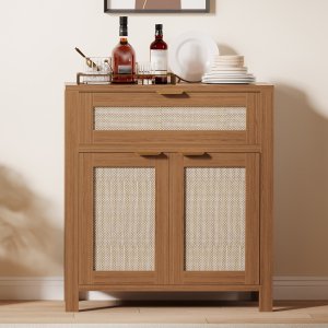 Juiluna Buffet Cabinet with 2 Doors and Drawer, Large Coffee Bar Table Rattan Sideboard Cabinet with Adjustable Shelves, Coffee Bar Station Table, Boho Wood Cupboard for Kitchen and Dining Room