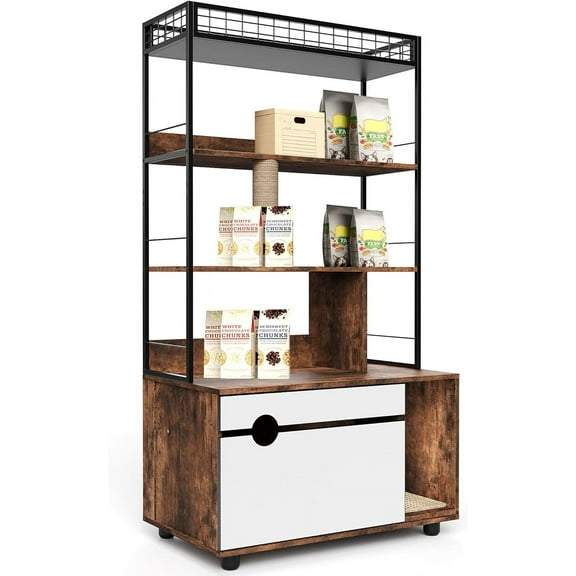 Juiluna Cat Litter Box Enclosure with 4-Tier Storage Rack - Durable Vintage Brown Wood, Multi-Functional Furniture with Scratching Post and Indoor Cat House, Mess-Free Litter Box with Cushioned Mat