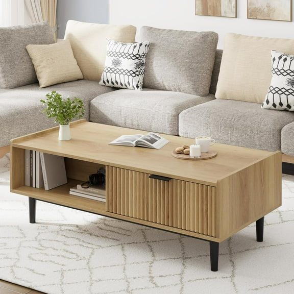 Juiluna Coffee Table Mid Century Modern Center Table with Drawer 42.5" Fluted Living Room Table with Storage Light Wood Cocktail Table with Open Shelf Rectangle Coffee Table Easy Assembly