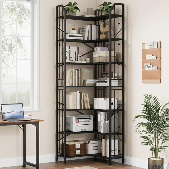 Juiluna Corner Bookshelf 86" l Shaped Bookcase, Corner Bookshelves Industrial Bookcase 7 Tier l-Shape Bookshelf, Large Bookcases with Beaded Design Tall Display Rack Shelf for Living Room Bedroom