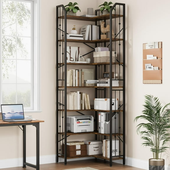 Juiluna Corner Bookshelf 86" l Shaped Bookcase, Corner Bookshelves Industrial Bookcase 7 Tier l-Shape Bookshelf, Large Bookcases with Beaded Design Tall Display Rack Shelf for Living Room Bedroom