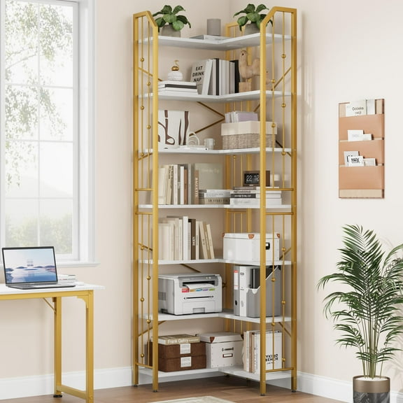 Juiluna Corner Bookshelf 86" l Shaped Bookcase, Corner Bookshelves Industrial Bookcase 7 Tier l-Shape Bookshelf, Large Bookcases with Beaded Design Tall Display Rack Shelf for Living Room Bedroom