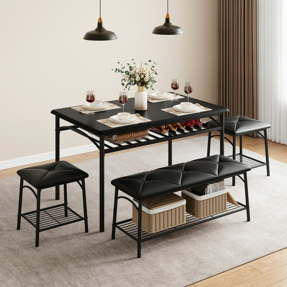 Juiluna Dining Table with Benches, Kitchen Table Set for 4, Dining Room Table Set with Upholstered Bench and Square Stools, Wood and Metal Dining Table Set for 4 with Storage for Small Space