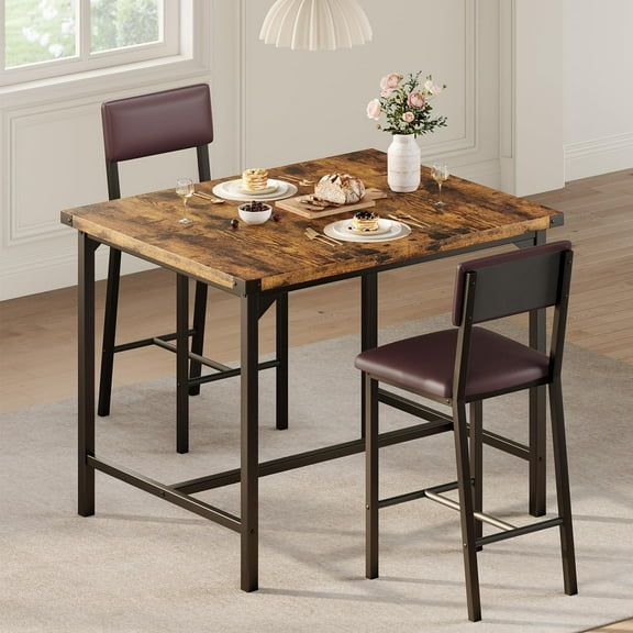 Juiluna Dining Table Set for 2 W/Footrest & Backrest, Counter Height Table with 2 Upholstered Bar Chairs, Kitchen Table Set with Corner Protector, for Small Space,Rustic Brown