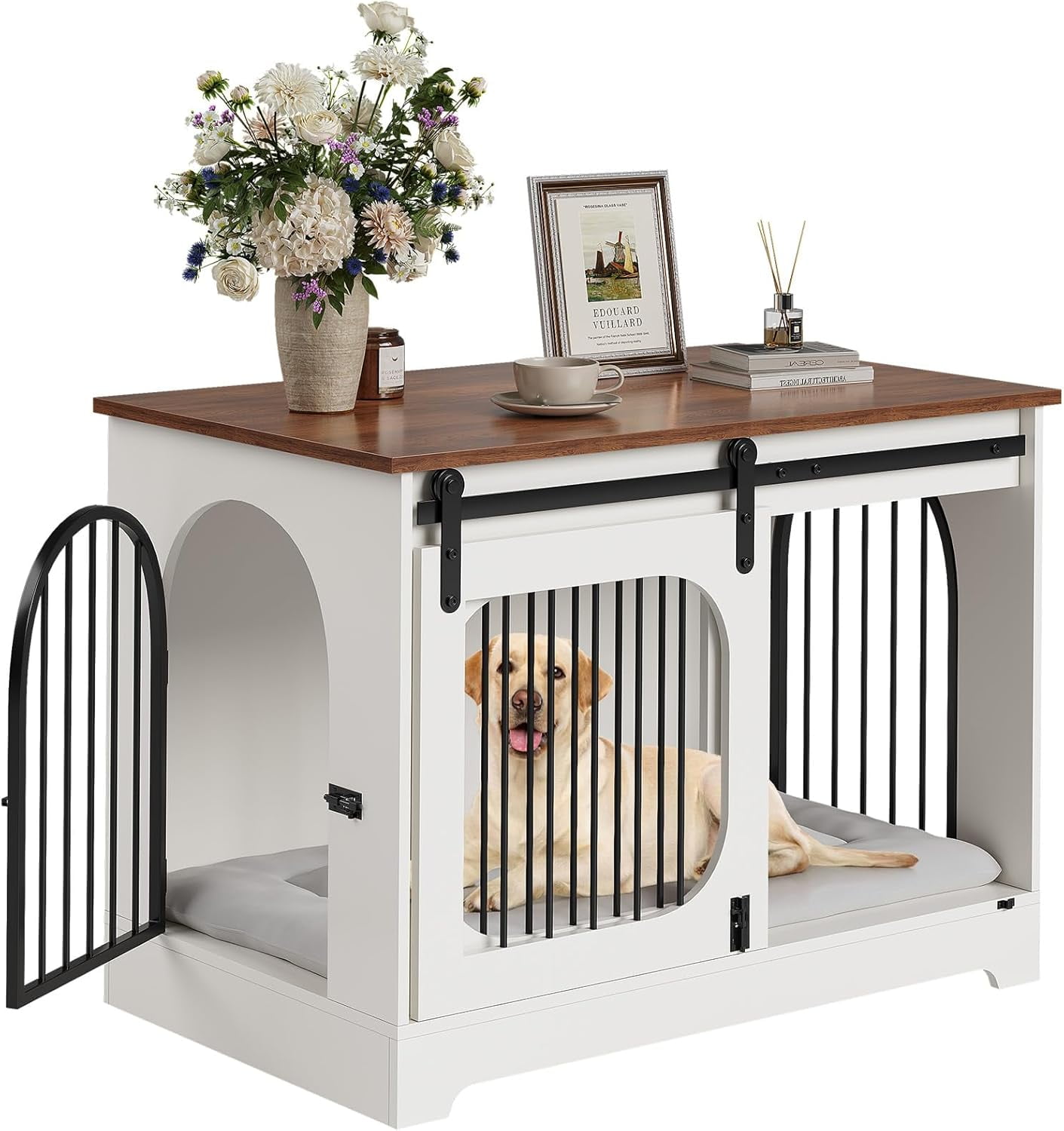 Juiluna Dog Crate Furniture, 39.4" Dog Kennel for Dogs Up to 70 Lb, with Bed Mat, Heavy-Duty Dog Cage End Table, Three Doors Dog House, White/Brown