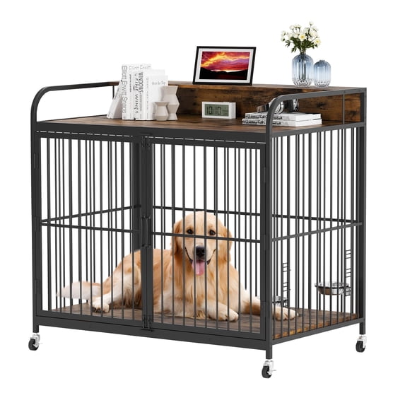 Juiluna Dog Crate Furniture, Wooden Dog Crate End Table with Adjustable Height & 360° Rotating Feeder, Dog Kennel Indoor with 360° Wheels for Medium Dogs, Heavy Duty Dog Crate, Rustic