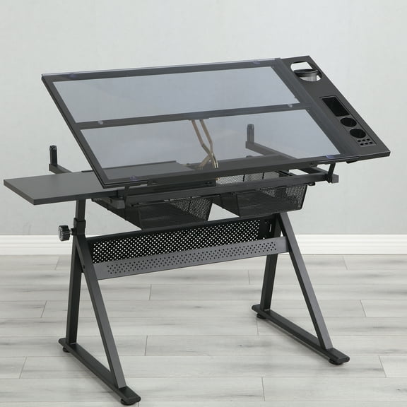 Juiluna Drafting Desk With Side Shelf 0 To 75° Adjustable Tilting Drawing Desk Tempered Glass Art Table Writing Desk With Chair Stationery Storage Drawers