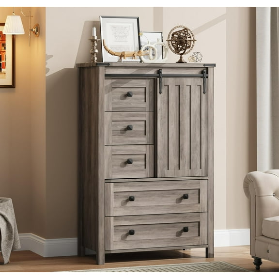 Juiluna Farmhouse 5 Drawer Dresser for Bedroom, 48 in Tall Wood Dresser Chest of Drawer with Sliding Barn Door, Adjustable Shelf, Storage Organizer for Bedroom, Hallway, Living Room, Kitchen, Grey