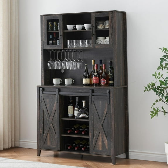 Juiluna Farmhouse Coffee Bar Cabinet with Sliding Barn Door, 70" Tall Buffet Cabinet with Storage Shelves, Liquor Cabinet with Wine and Glasses Rack,Sideboard Cupboard for Kitchen,Dining Room