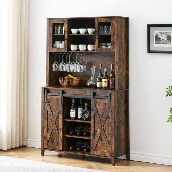 Juiluna Farmhouse Coffee Bar Cabinet with Sliding Barn Door, 70" Tall Buffet Cabinet with Storage Shelves, Liquor Cabinet with Wine and Glasses Rack,Sideboard Cupboard for Kitchen,Dining Room, Brown
