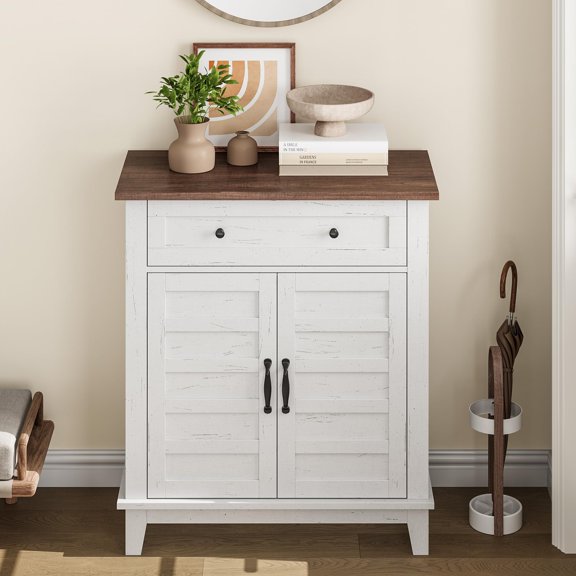 Juiluna Farmhouse Storage Cabine 3-Tiers Adjustable Shelf with 7 Gears, Rustic Kitchen & Dining Room Organizer, Multi-Functional Entryway Cabinet, Waterproof, Brown and White
