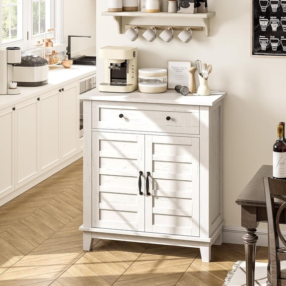 Juiluna Farmhouse Storage Cabine 3-Tiers Adjustable Shelf with 7 Gears, Rustic Kitchen & Dining Room Organizer, Multi-Functional Entryway Cabinet, Waterproof, White