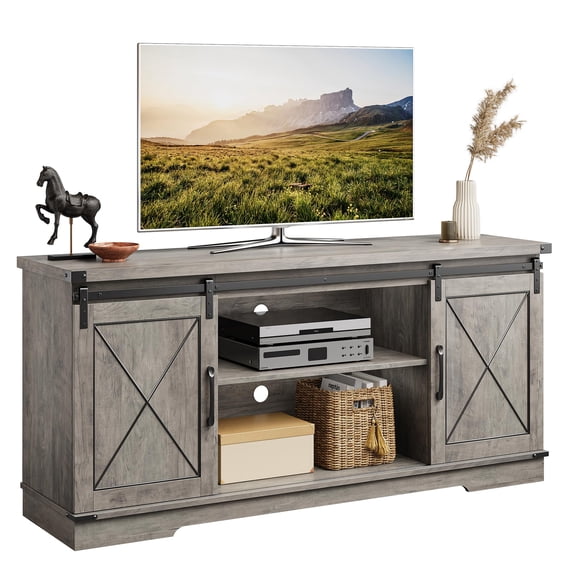 Juiluna Farmhouse TV Stand for 65 Inch TV, Entertainment Center with Storage and Sliding Barn Doors, Modern Media TV Console TV Stands for Living Room Bedroom, Brown/Grey/White