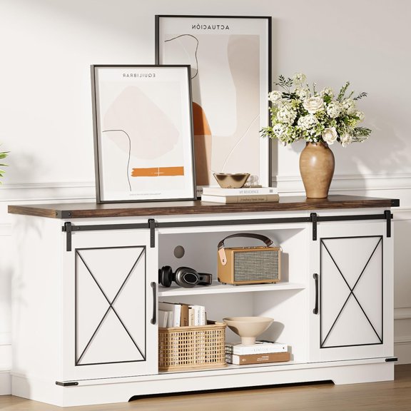 Juiluna Farmhouse TV Stand and Entertainment Center for Tv up to 65 inches with Sliding Barn Doors, Tv Media Console Table with Storage Cabinet for Living Room, White & Brown