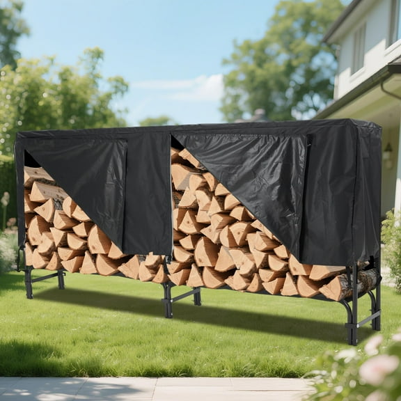 Juiluna Firewood Rack 8 ft Outdoor & Indoor Log Holder Heavy Duty Word Organizer with Weatherproof Cover Steel Mesh Storage for Fireplace, Patio, Durable Wood Stacker, Ventilation Design