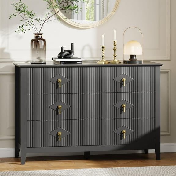 Juiluna Fluted Dresser for Bedroom, 47.2 Inch Wide 6-Drawer Wood Dresser, Modern Chest of Drawers, Storage Organizer Cabinet for Living Room, Hallway, Entryway, Black