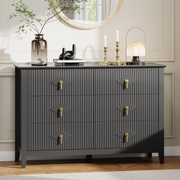 Juiluna Fluted Dresser for Bedroom, 47.2 Inch Wide 6-Drawer Wood Dresser, Modern Chest of Drawers, Storage Organizer Cabinet for Living Room, Hallway, Entryway, Black