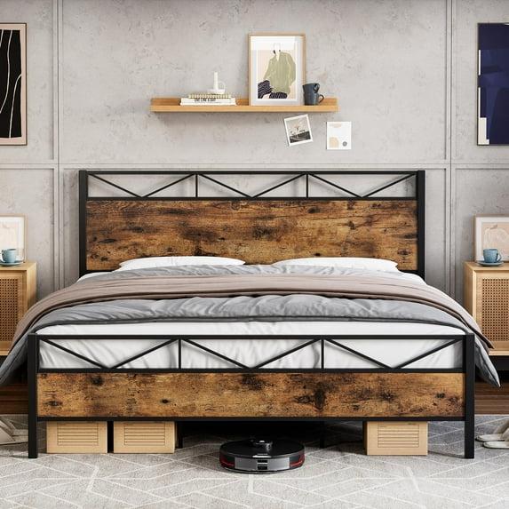 Juiluna Full Size Bed Frame with Rustic Wood Headboard and Footboard, Metal Platform Bed Frame Full Heavy Duty, Sturdy Steel Slat Support, No Box Spring Needed, Brown
