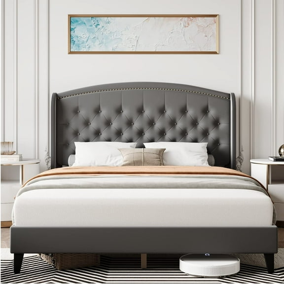Juiluna Full Size Bed Frame, Upholstered Platform Bed with Wingback Headboard, Heavy Duty Button Tufted Bed Frame with Wood Slat Support, Easy Assembly, No Box Spring Needed, Light Gray