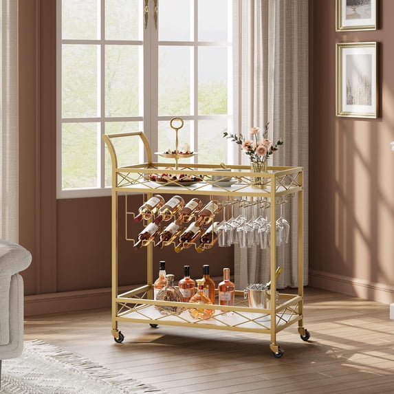Juiluna Gold Bar Cart, 2 Tier Bar Carts for The Home, Bar Carts with 4 Wheels, White Marble Finish Wood Shelf, Wine Rack & Glass Holder for Kitchen, Living Room, Dining Room